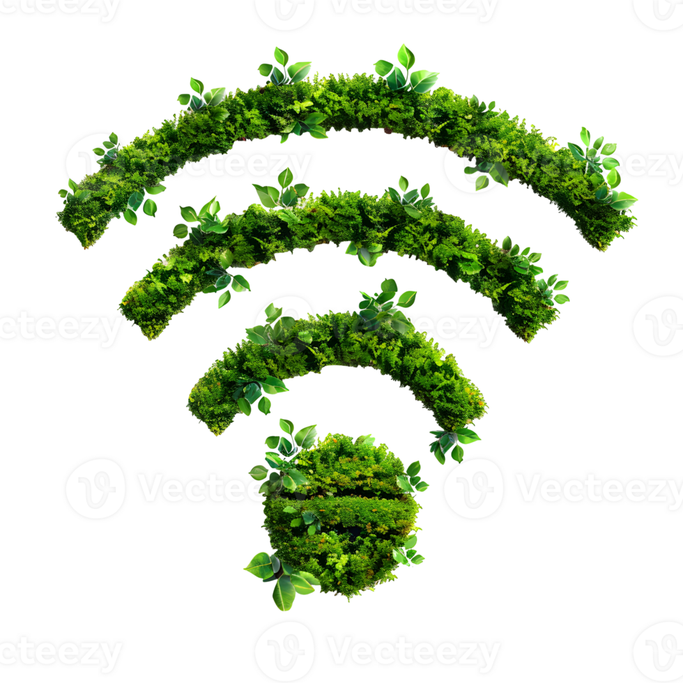 nature-inspired Wi-Fi symbol composed of vibrant green leaves and foliage. A visual representation of eco-friendly technology and digital connection. png