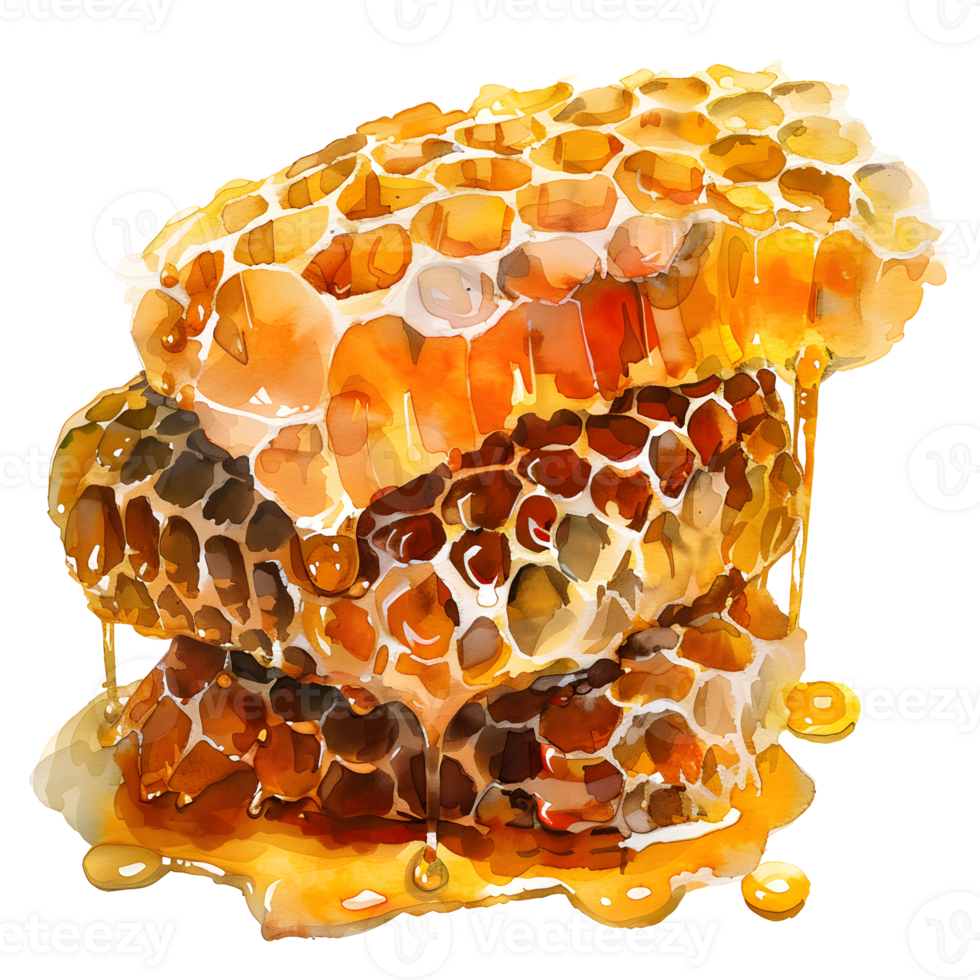 close-up showcases the intricate structure of watercolor honeycomb, with a mesmerizing cascade of golden, viscous honey flowing freely, a sweet treat. png