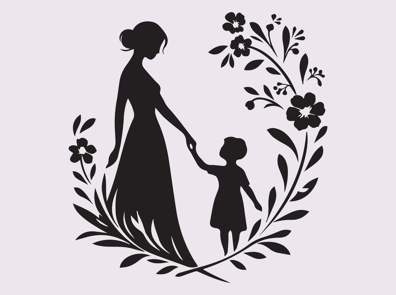 Happy Mother's Day Mother and Child Silhouette Holding Hands With floral Black Art Style vector