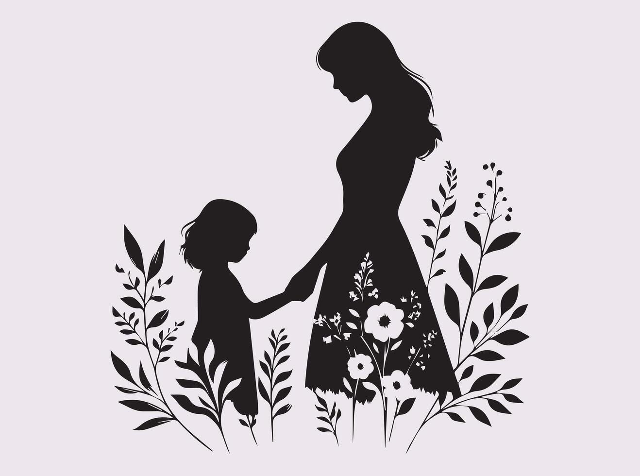 Black Silhouette Design of Mother and Child Holding Hands With floral for Mother's Day vector