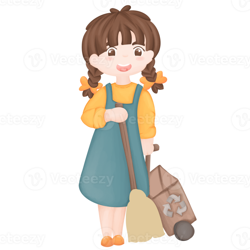 cartoon girl with broom and trash can png