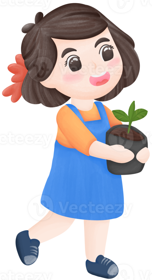 A girl wearing overalls is holding a small tree. png