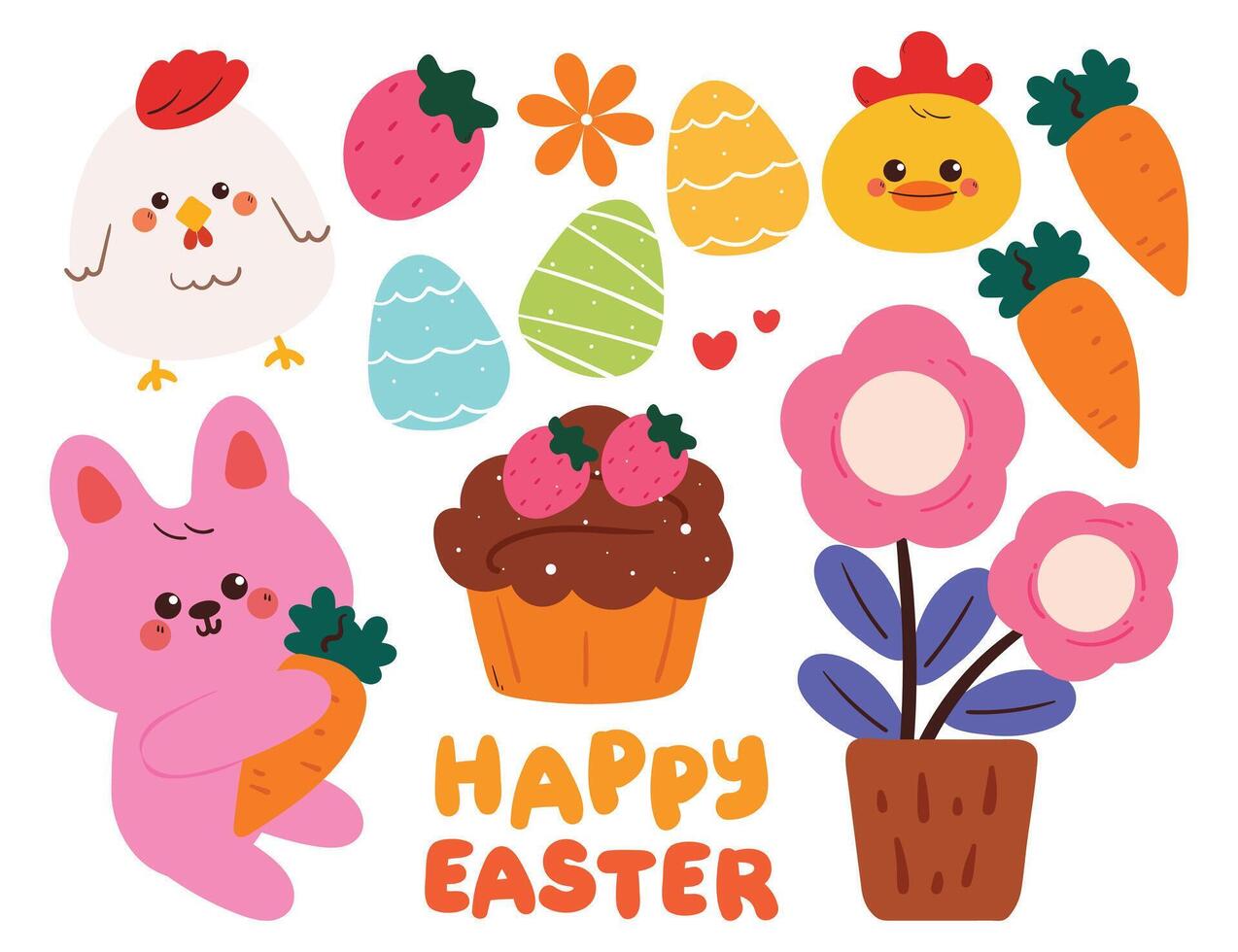 hand drawing cartoon easter sticker set. cute sticker with bunny, chicken and plant drawing for easter vibes, doodle set vector