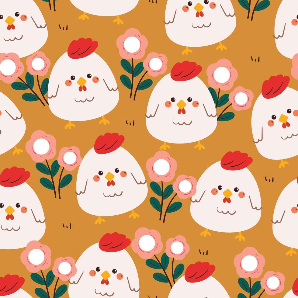 seamless pattern cute cartoon chicken with flower and leaves. cute animal pattern for wallpaper and background vector