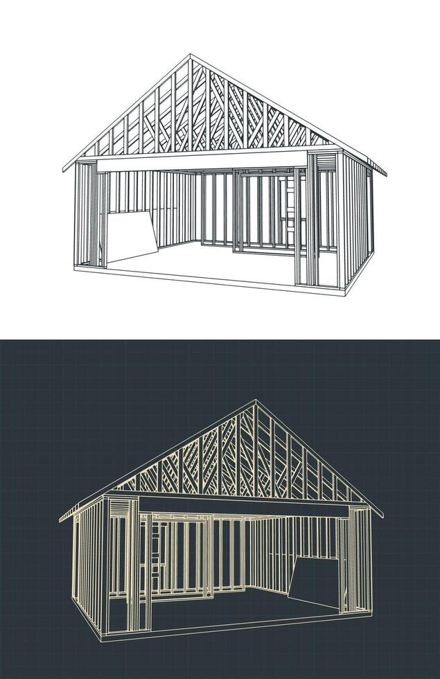 Timber frame house under construction blueprints illustrations vector