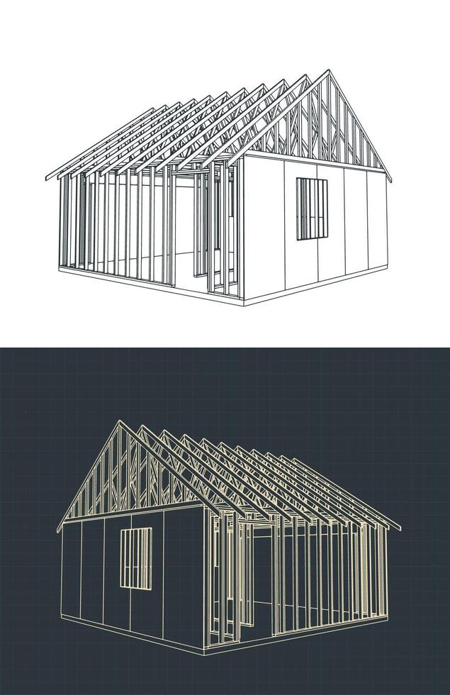 Timber frame house under construction blueprints vector