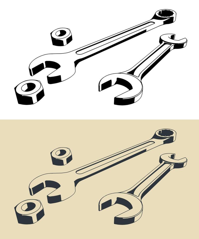 Wrenches and nuts close-up vector