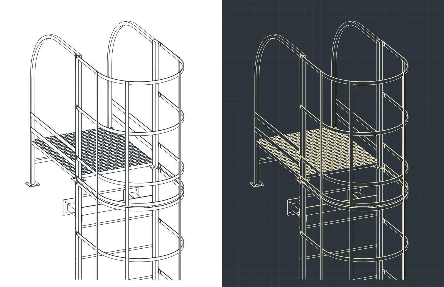 Fire escape isometric blueprints illustrations vector