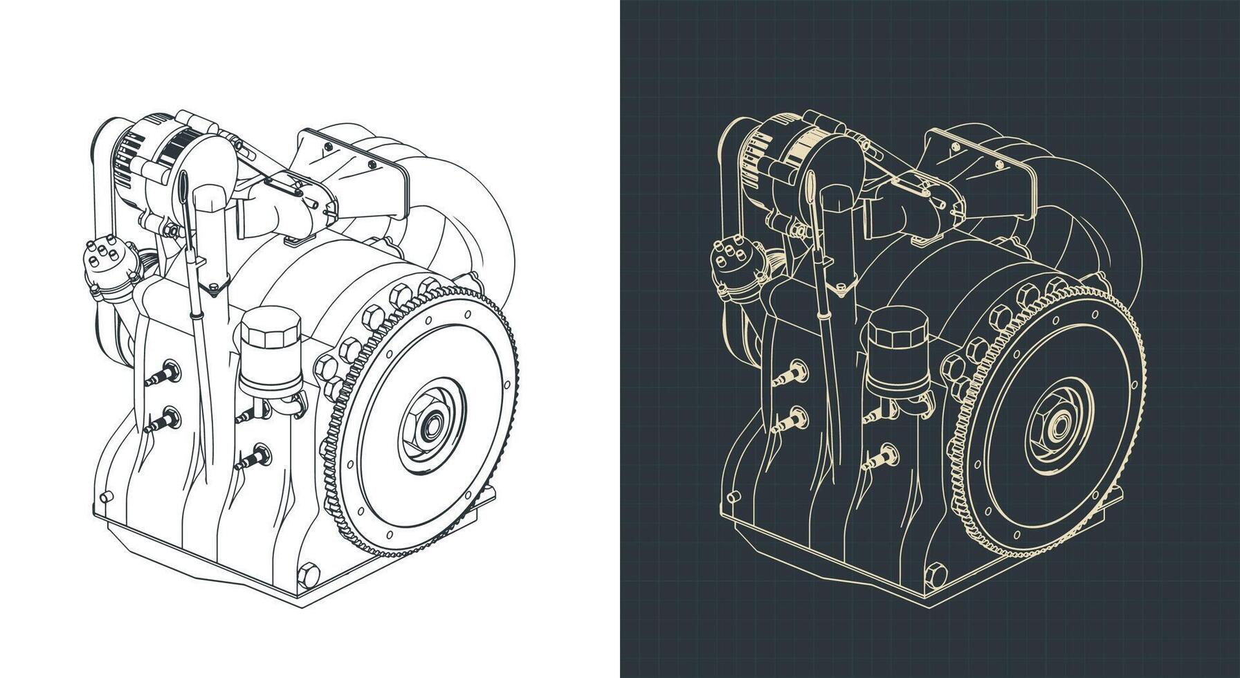Wankel rotary engine isometric blueprints illustrations vector