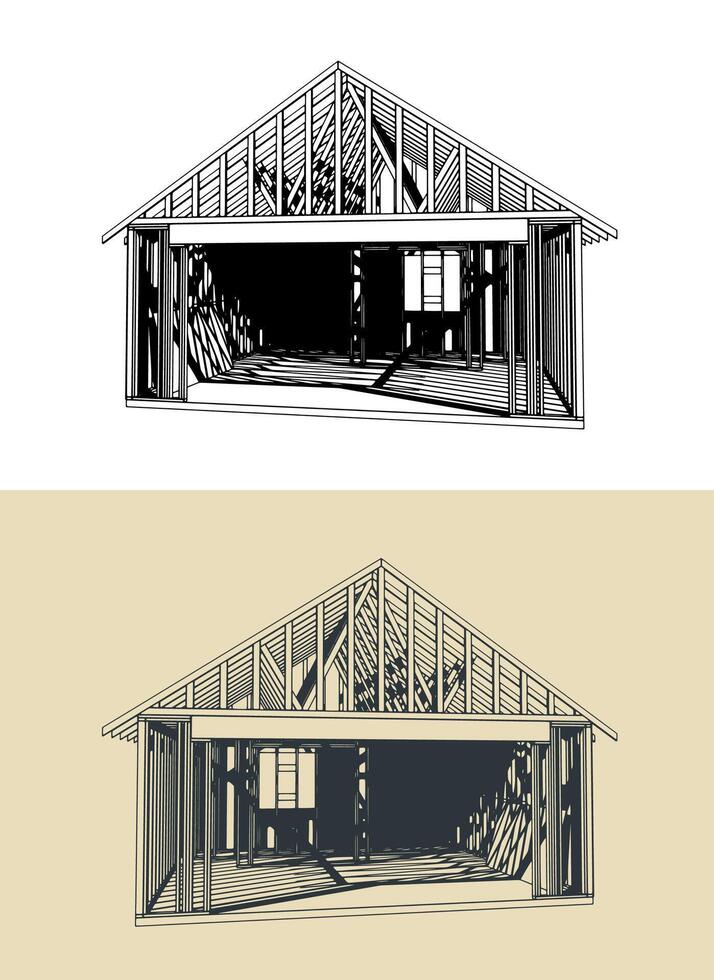 Timber frame house under construction illustrations vector