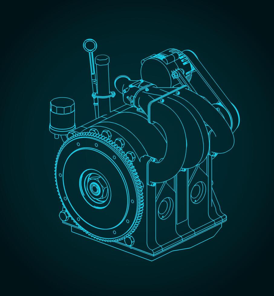 Wankel rotary engine isometric blueprint illustration vector