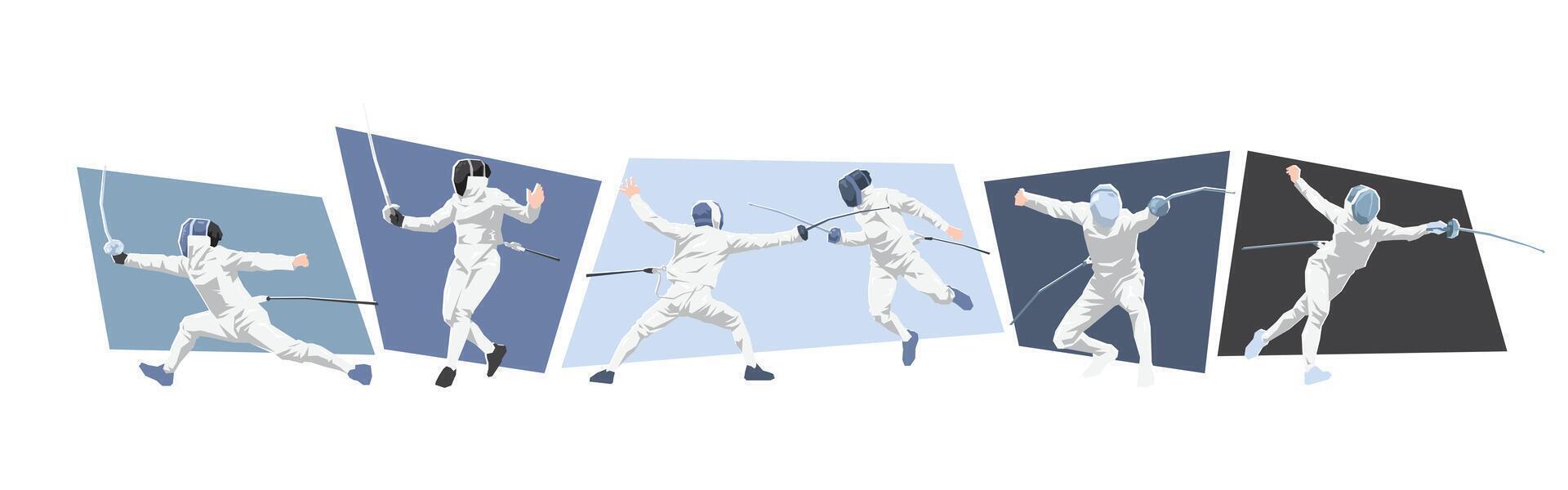 Fencing sport. Male and female athlete characters doing sword fight. Different action, pose. Cartoon flat illustration. vector