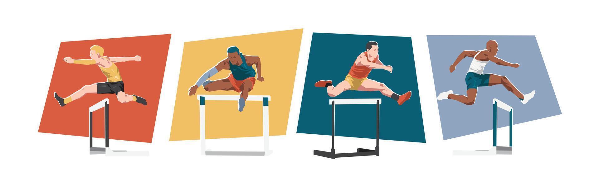 Hurdling male athlete characters. Sport, running, race concept. Different actions, poses. Cartoon flat illustration. vector