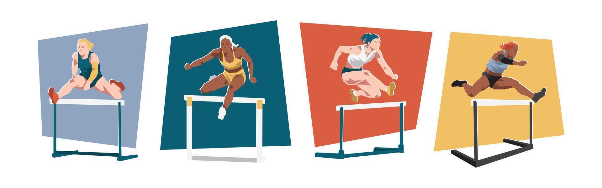 Hurdling female athlete characters. Sport, running, race concept. Different actions, poses. Cartoon flat illustration. vector