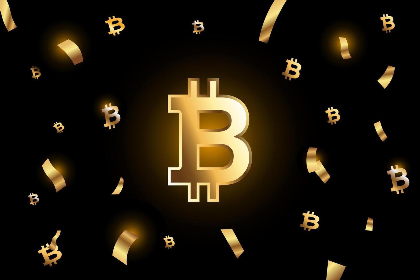 Golden bitcoin celebration confetti burst on isolated black background vector