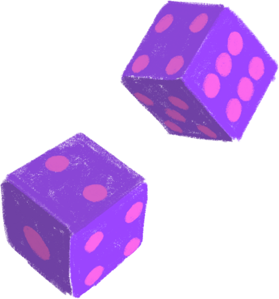 Two purple dice with pink dots on them png