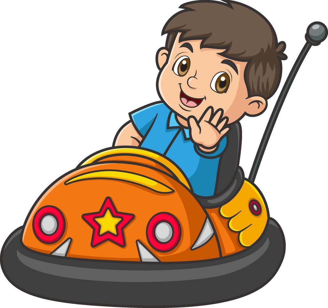a happy boy riding a bumper car of illustration vector