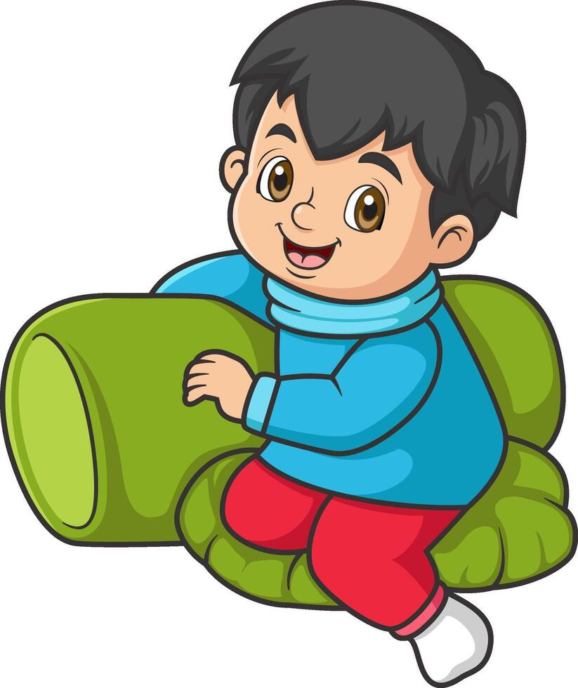 a boy sitting on a pillow and smiling vector