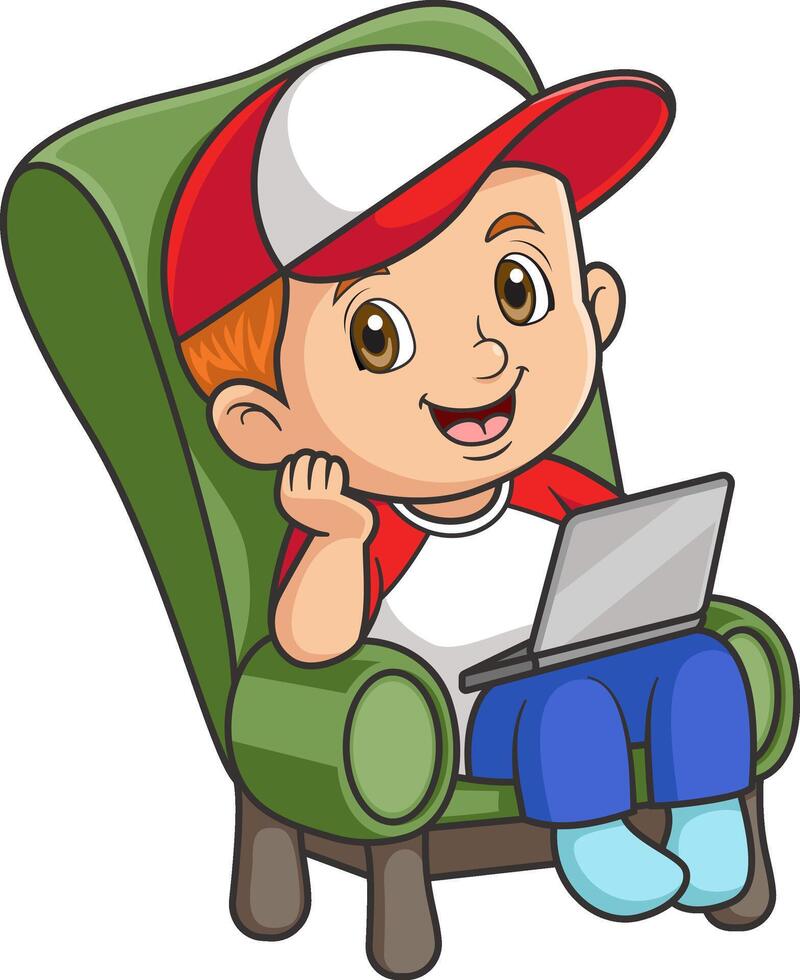 Young man sitting on the sofa at home interior and working with laptop vector