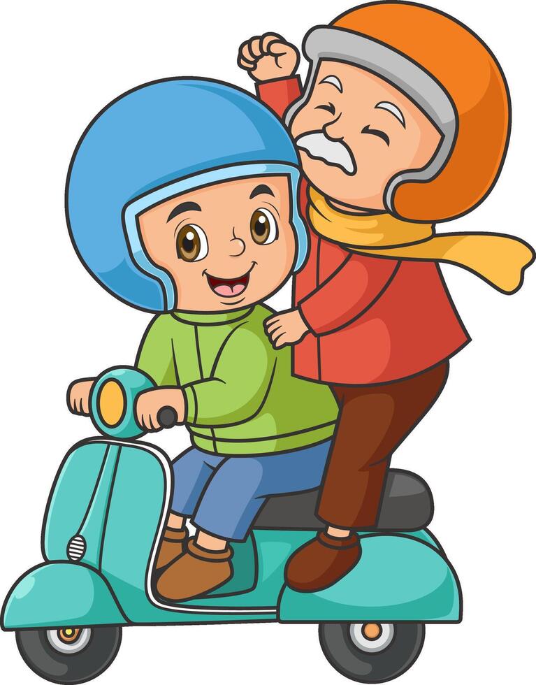 An young man and elderly man a scooter using helmet for safety vector