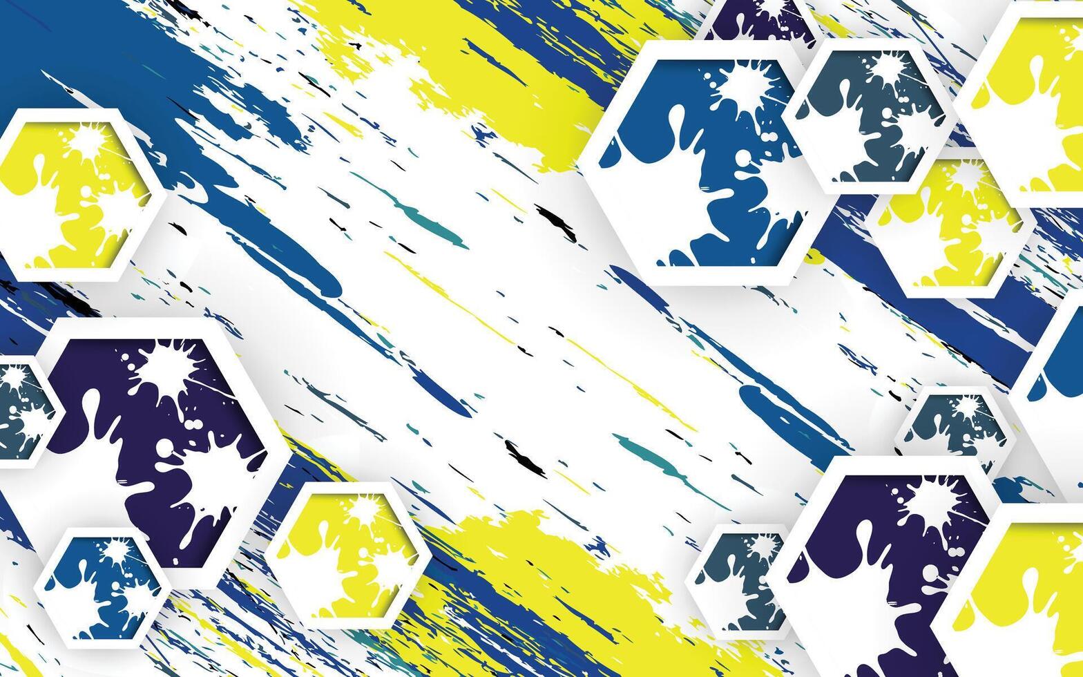 a blue and yellow abstract background with a lot of paint splatters vector