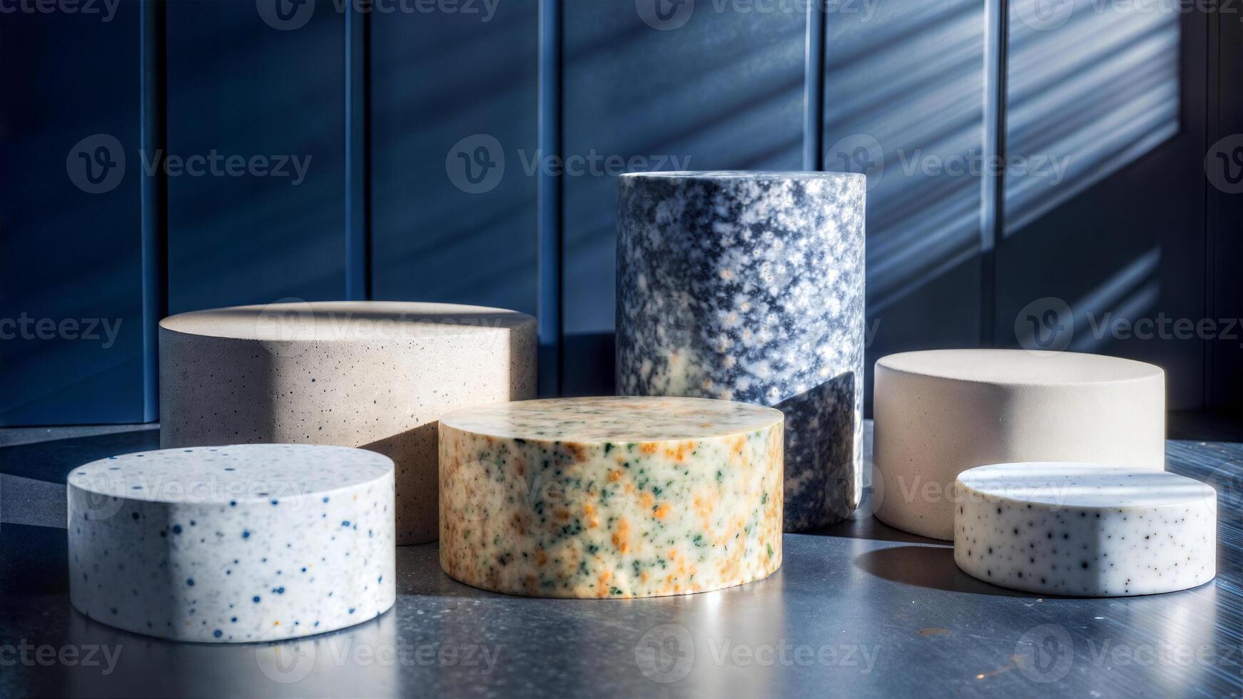 Marble platforms for product display. Terrazzo, marble, granite textured materials. photo