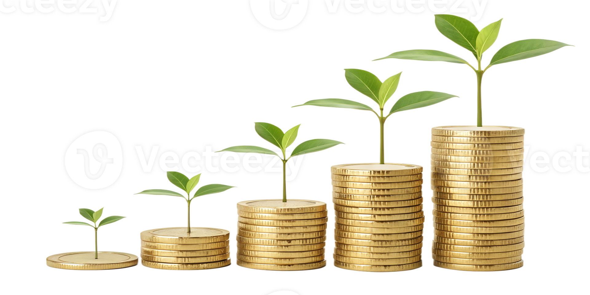 Growing Money Concept Gold Coins Stacks with Green Plants Financial Growth Investment and Wealth png