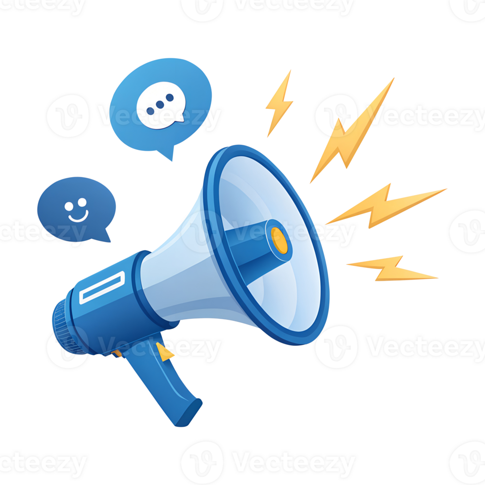 Blue Megaphone Announcing Positive News and Communication Success A cheerful illustration of digital marketing png