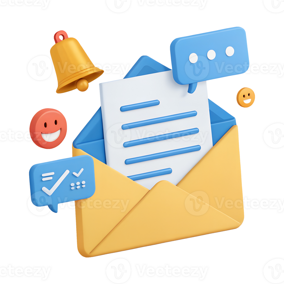 3D Render of an Open Email with Notification Icons Happy Emojis Bell and Checkmarks png