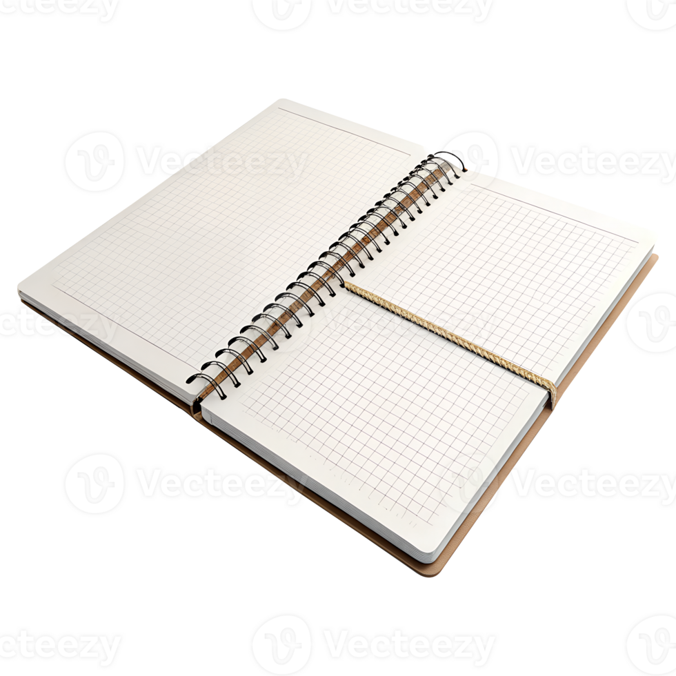 Open spiral bound grid notebook with a beige bookmark ready for notes and ideas png