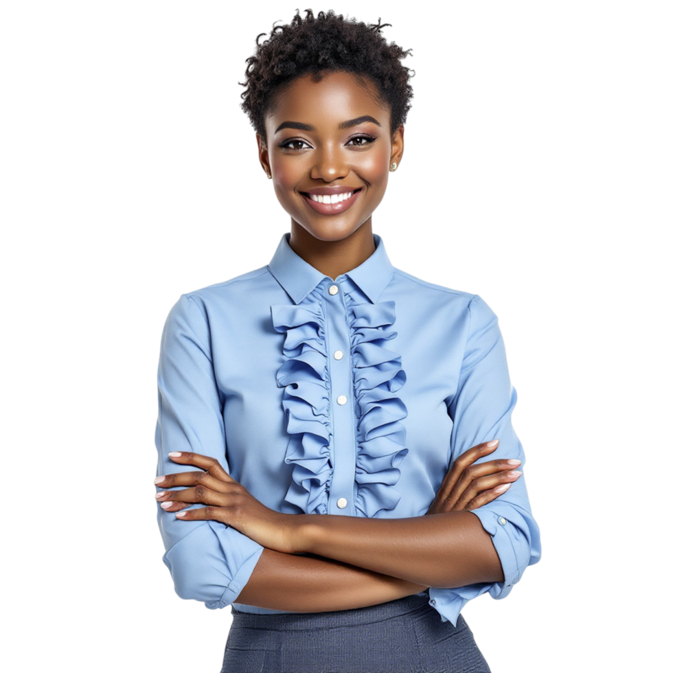 A smiling young woman in a blue shirt png