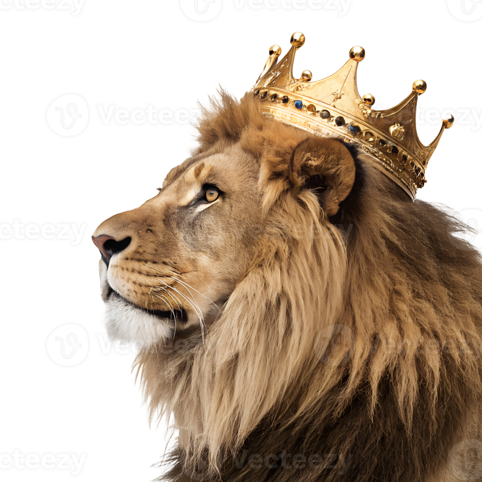 Majestic Male Lion Wearing a Golden Crown Profile View of a King png
