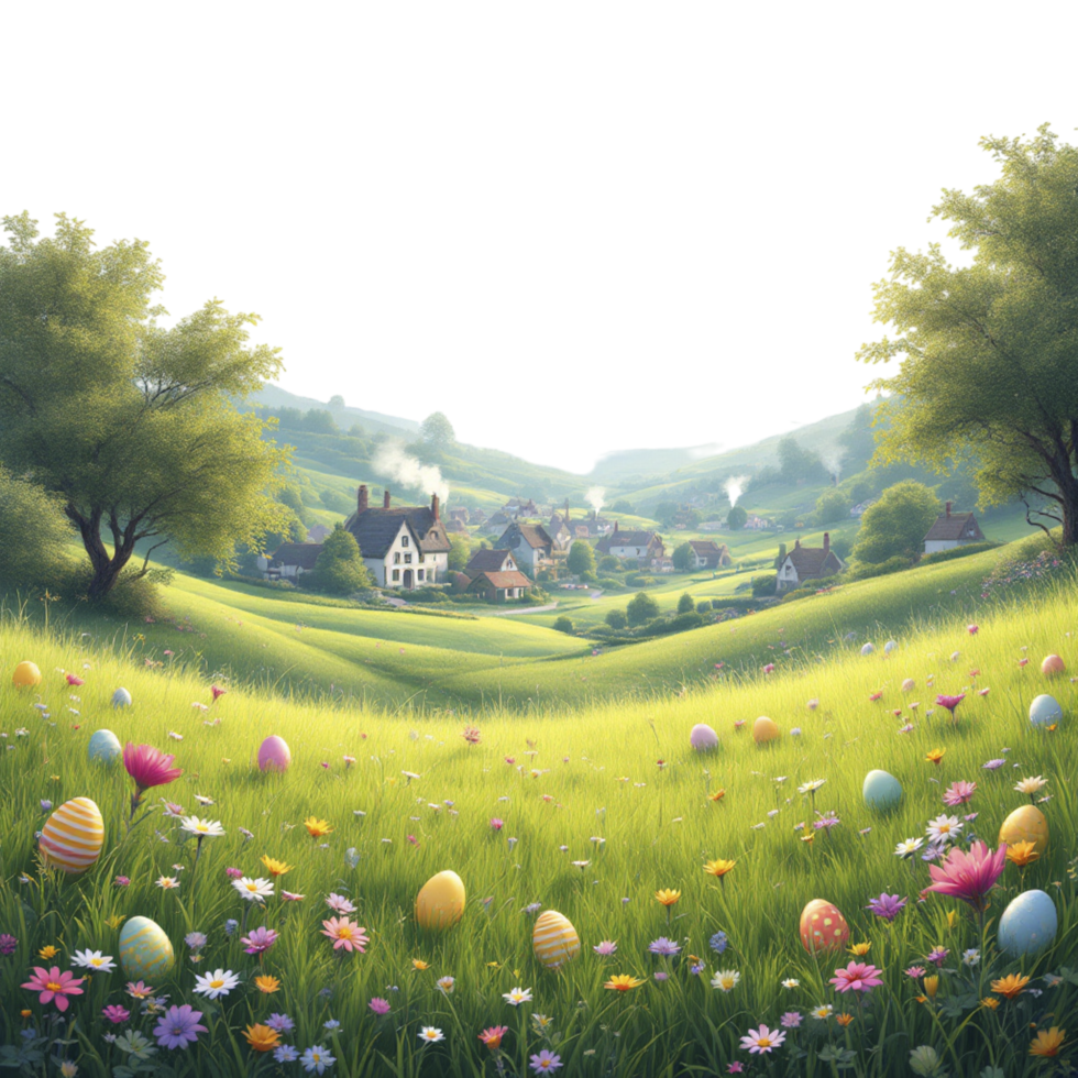 Easter egg field with flowers and trees png