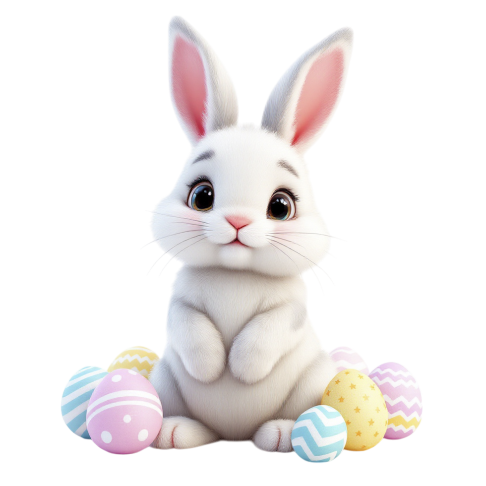 A cute white rabbit sitting on a pile of colorful eggs png
