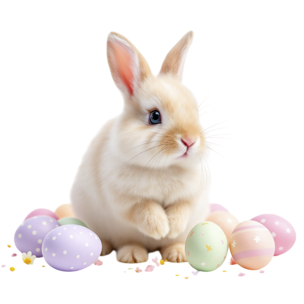 A white rabbit sitting in front of a bunch of colorful eggs png