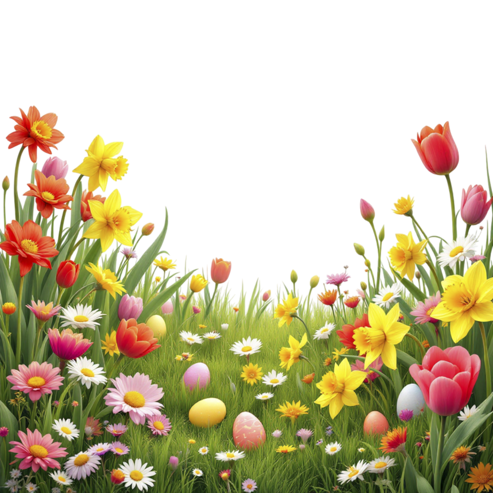 Easter flowers and eggs on a grassy field png