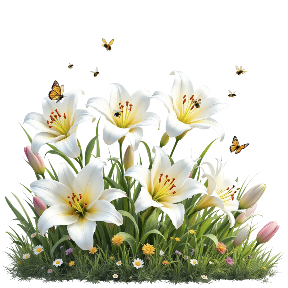 White lilies and butterflies are in the grass png
