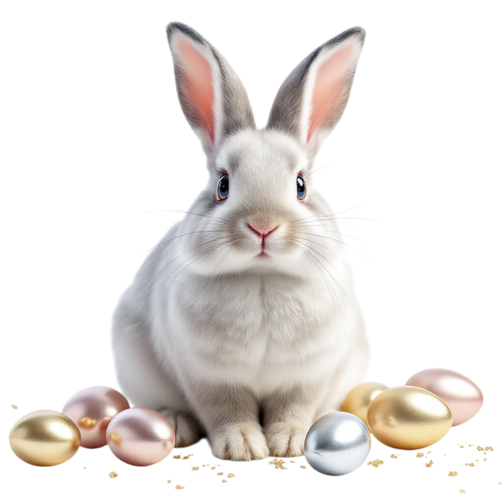 A white rabbit with golden eggs on a black background png