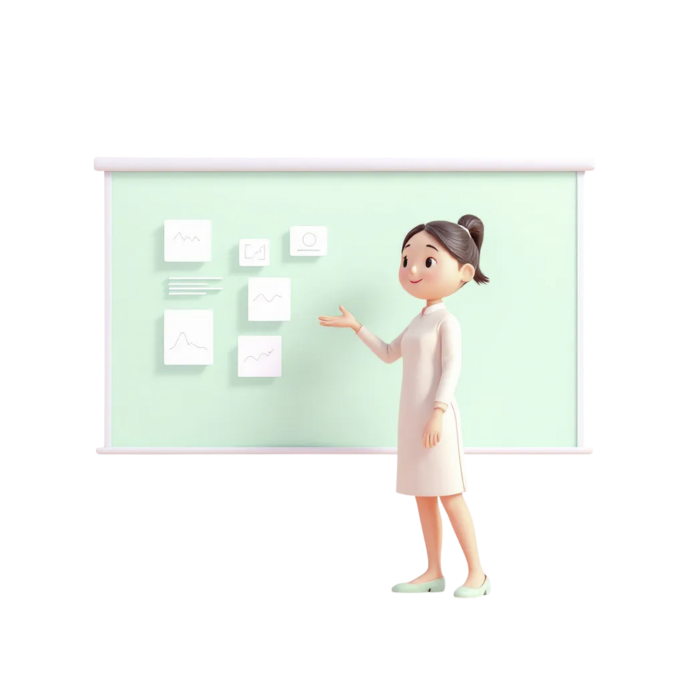 A woman is standing next to a whiteboard with notes on it png