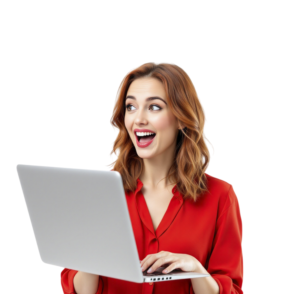 A woman in a red shirt is holding a laptop png