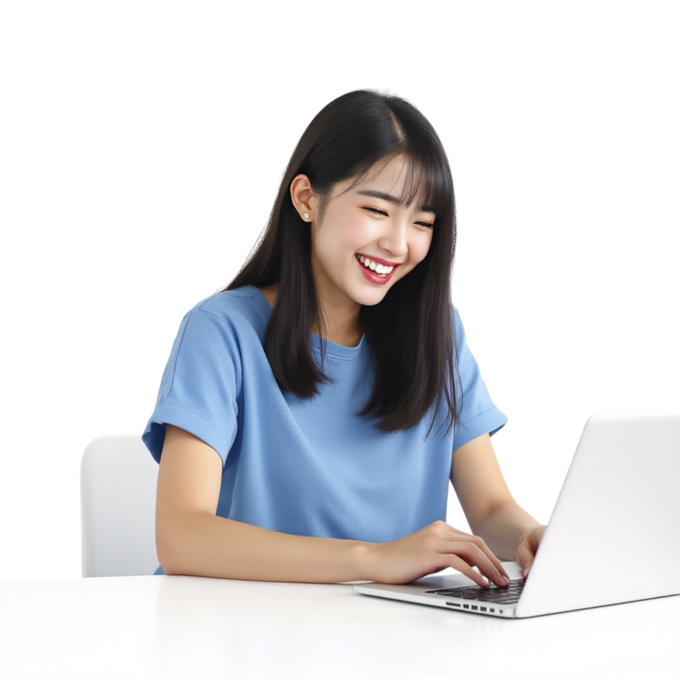 A woman is smiling while using a laptop png