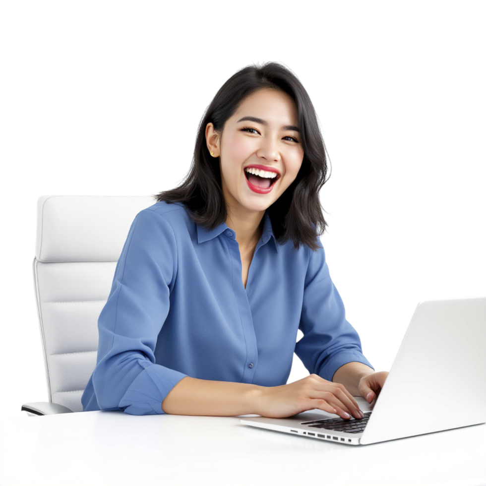 A woman is laughing while using a laptop png