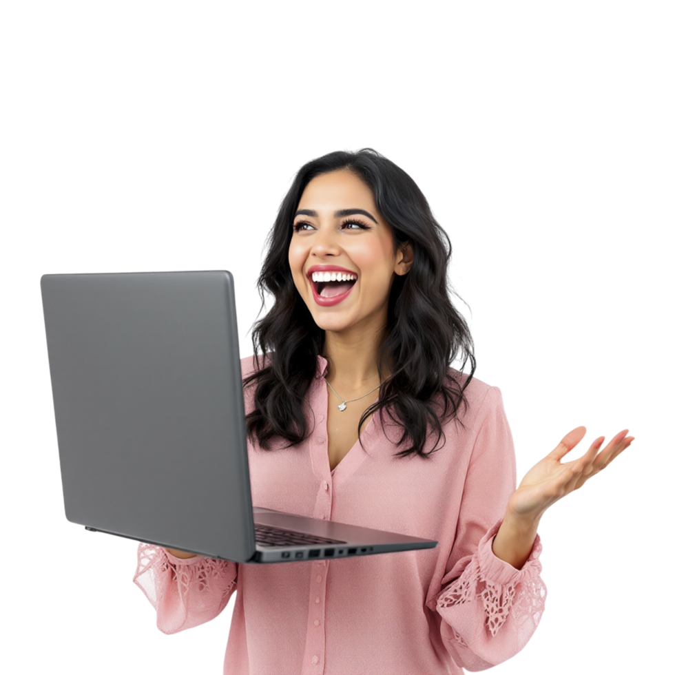 A woman is holding a laptop and laughing png
