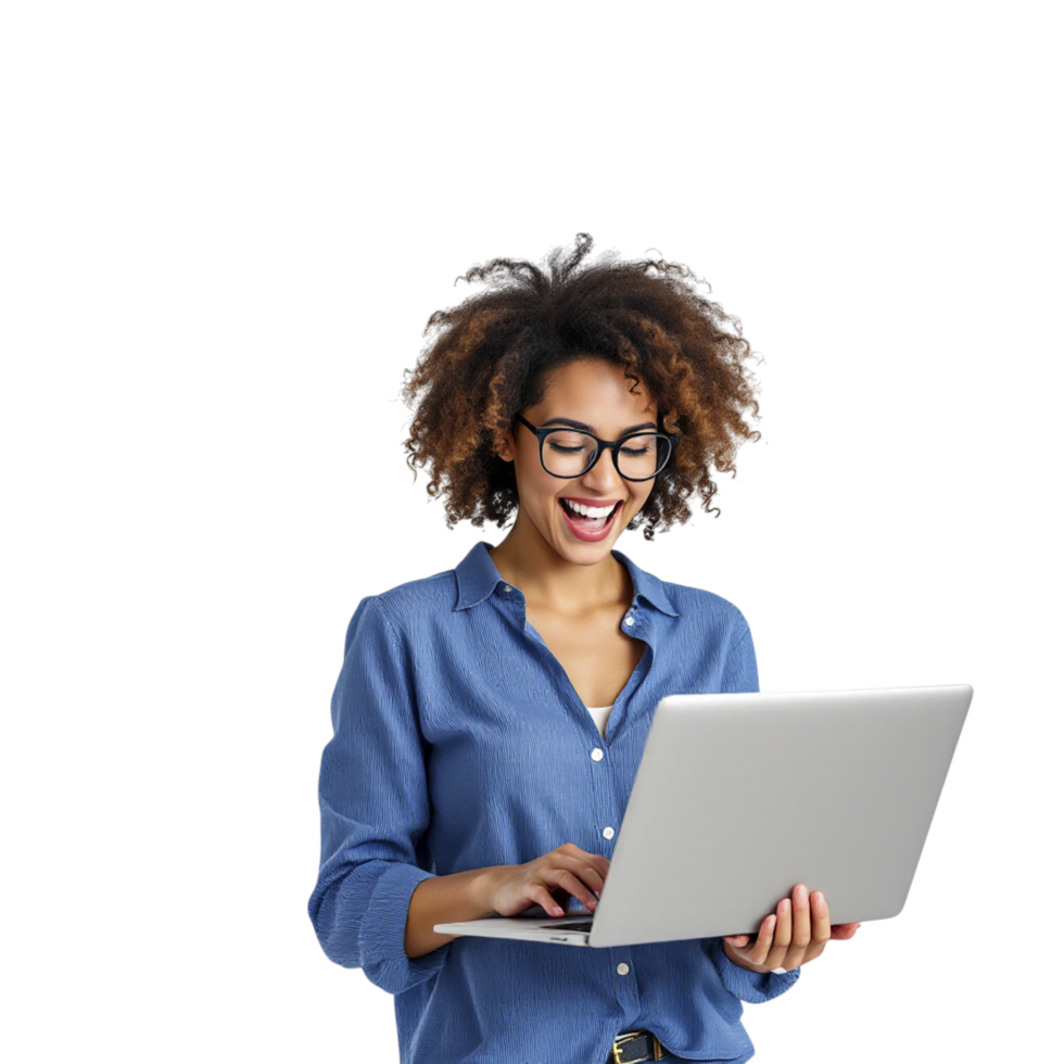 A woman with glasses and a blue shirt is smiling while using a laptop png