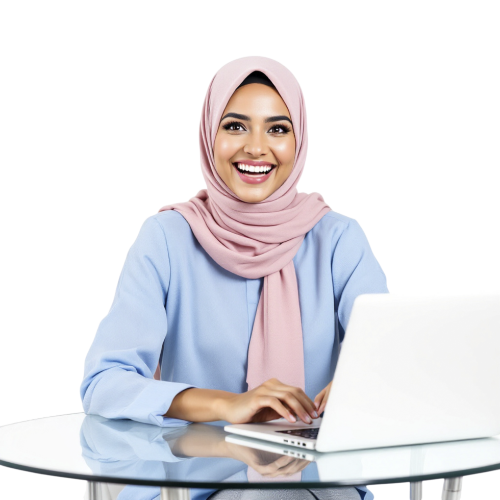 A woman in a hijab is sitting at a table with a laptop png