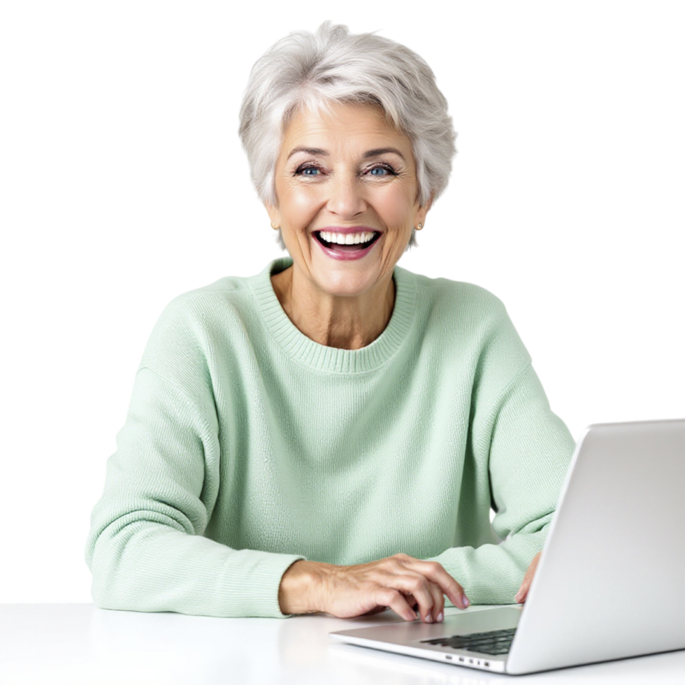 An older woman is smiling while using a laptop png