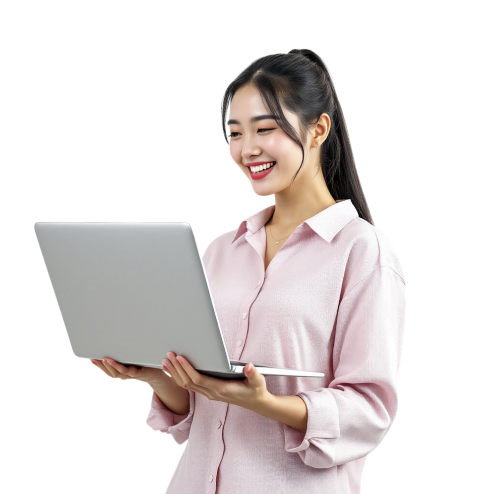 Asian woman using laptop computer png