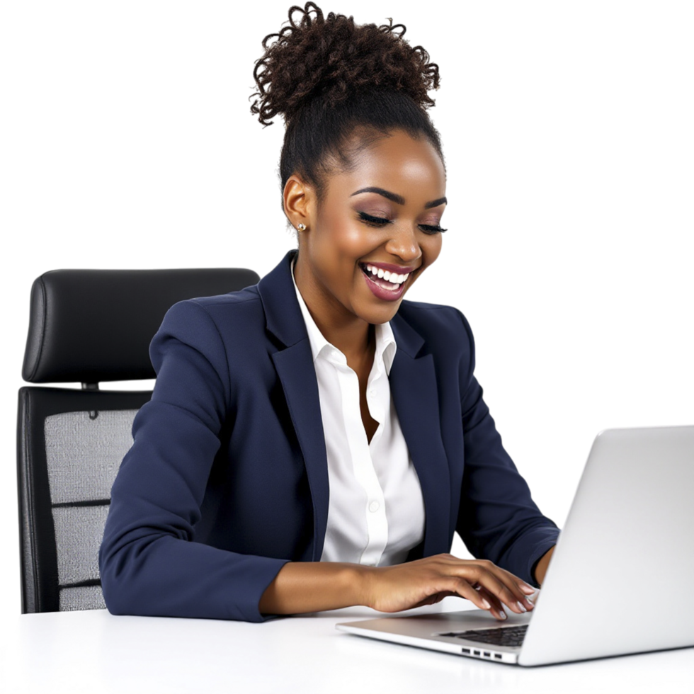 A smiling black woman in a business suit using a laptop png