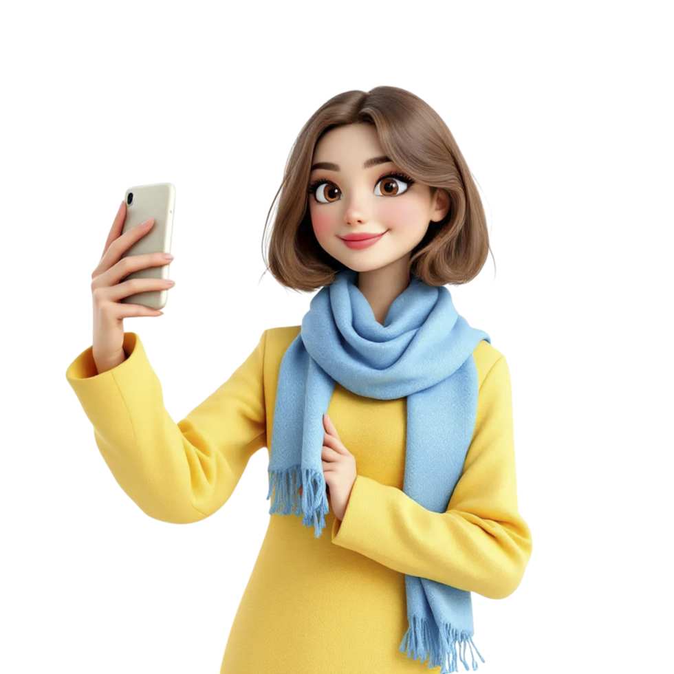 3d illustration of a girl in a yellow sweater and scarf taking a selfie png