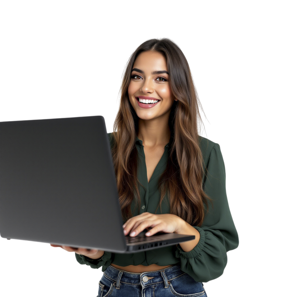 A woman holding a laptop computer png